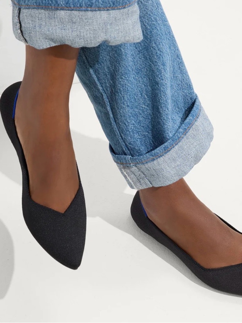 Rothy's Black Pointed Knit Flats with Blue Trim
